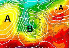 cartina cromatica che evidenzia la discesa di latitudine di un fronte freddo