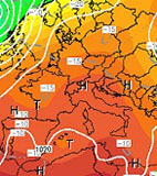 cartina cromatica che evidenzia l'anticiclone delle Azzorre sul Mediterraneo