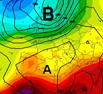 cartina cromatica isobarica europea che mostra l'espansione verso nord dell'anticiclone delle Azzorre e di quello nord africano