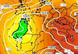 cartina cromatica che evidenzia un'area ciclonica e l'espansione verso nord dell'anticiclone Africano