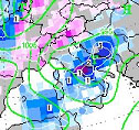 mappa delle precipitazioni il giorno 23 marzo, Pasqua: molto instabile al centro/sud con rovesci sparsi altrenati da pause con schiarite; al Nord instabile sulle Alpi e Triveneto, meglio sulle altre regioni con cieli irregolarmente nuvolosi con schiarite, alternate da addensamenti con possibili temporali pomeridiani