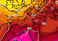 cartina cromatica delle temperature; in evidenza la rimonta dell'anticiclone nord africano