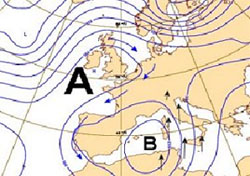 cartina isobarica che mostra un vortice in avvicinamento da ovest