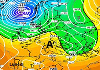 mappa cromatica che evidenzia un cuneo anticiclonico sull'Europa centro-occidentale