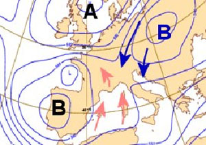 cartina barica che mostra il vortice siberiano in arrivo sul Mediterraneo