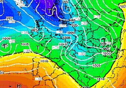 cartina cromatica barica che evidenzia la discesa del vortice ciclonico atlantico