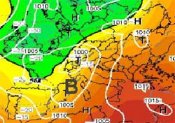 cartina cromatica con evidente espansione dell'anticiclone azzorriano