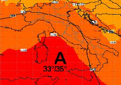 cartina cromatica con evidente espansione dell'anticiclone afro-mediterraneo