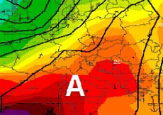 mappa cromatica che evidenzia l'espansione verso nord dell'anticiclone nord africano