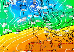 cartina cromatica che mostra l'espansione dell'anticiclone delle Azzorre sull'Europa