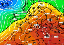 cartina cromatica che evidenzia l'espansione sul Meditarraneo dell'anticiclone nord-africano