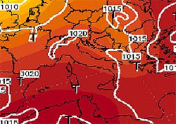 cartina cromatica che evidenzia il dominio anticiclonico sul bacino del Mediterraneo