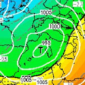 cartina cromatica delle temperature con vortice freddo sul mar Tirreno