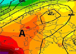 carta cromatica delle temperature: espansione dell'anticiclone delle Azzorre