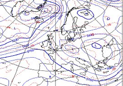 cartina isobarica che mostra l'espansione dell'anticiclone delle Azzorre verso l'Europa centrale.