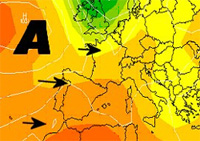 Cartina cromatica che evidenzia l'espansione dell'anticiclone delle Azzorre verso l'Europa centrale.