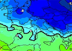 cartina cromatica che indica l'arrivo di aria fredda da nord-est