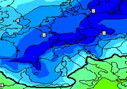 cartina cromatica che mostra un nuovo impulso di aria fredda in arrivo da nord-est