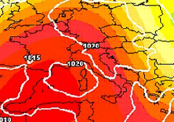 cartina cromatica che evidenzia l'espansione del promontorio anticiclonico sub-tropicale sul bacino del Mediterraneo