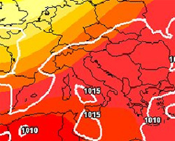 cartina cromatica delle temperature che mostra l'anticiclone sub-sahariano sul bacino dle MEditerraneo