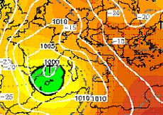 cartina cromatica che mostra il vortice depressionario sulle isola Baleari