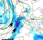 mappa della circolazione sciroccale e delle precipitazioni sulla Lunigiana