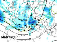 circolazione depressionaria sul Golfo di Genova e mappa delle precipitazioni sulle regioni settentrionali