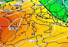 cartina cromatica isobarica che mostra l'espanzione dell'Anticiclone delle Azzorre sull'Europa