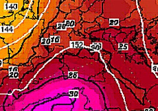 cartina cromatica delle temperature; espansione verso nord dell'anticiclone nord Africano