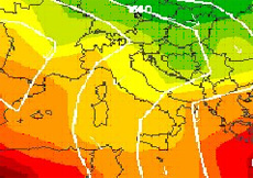 cartina cromatica delle temperature; discesa verso sud est delle correnti fresche atlantiche