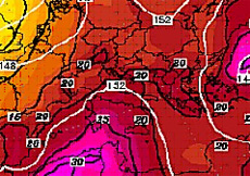 cartina cromatica delle temperature: l'anticiclone nord Africano punta verso il bacino del Mediterraeo