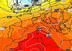 cartina cromatica isobarica delle temperature sul bacino del Mediterraneo in seguito all'espansione dell'anticiclone nord Africano