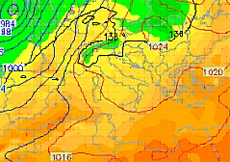 cartina cromatica delle temperature che mostra l'anticiclone sub tropicale nord Africano in estensione sul Mediterraneo