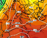 mappa cromatica-isobarica che mostra l'estensione dell'anticiclone nord-africano sul bacino del Mediterraneo ed Europa centrale