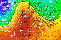 cartina cromatica-isobarica che mostra l'espansione verso nord dell'anticiclone nord-africano