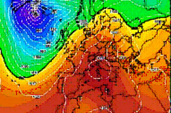 cartina cromatica isobarica che mostra l'espansione dell'anticiclone nord-africano