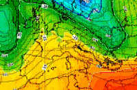 Mappa cromatica che mostra l'espansione dell'anticiclone nord africano sulla Penisola