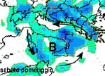 Mappa della circolazione depressionaria e delle precipitazioni sulle regioni meridionali