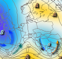 cartina cromatica che mostra il vortice ciclonico sulle isole Bretanniche in etensione verso la Francia