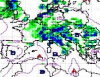 Mappa dei temporali previsti sulle regioni settentrionali