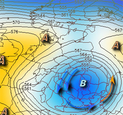 cartina cromatica che mostra il profondo vortice ciclonico presente sulle regioni centro-meridionali della Penisola