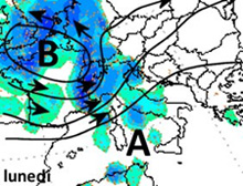 Mappa delle precipitazioni sulle regioni centro-settentrionali.