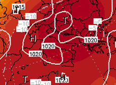 cartina cromatica isobarica che mostra l'espansione verso l'Europa centrale dell'anticiclone nord-africano