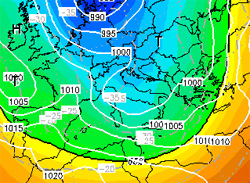 cartina cromatica -isobarica che mostra la discesa verso il bacino del Mediterraneo di aria polare