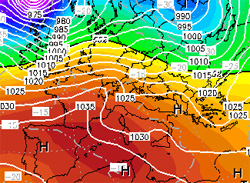 cartina cromatica isobarica che evidenzia l'area anticiclonica presente sul bacino del Mediterraneo