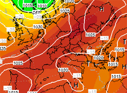 cartina cromatica-isobarica che mostra l'espansione verso nord dell'anticiclone nord-africano