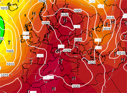 cartina cromatica-isobarica delle temeprature che mostra l'espansione verso nord dell'anticiclone nord-africano