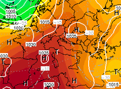 cartina cromatica isobarica che mostra l'espansione verso nord dell'anticiclone nord-africano