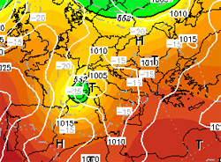 cartina cromatica isobarica che nostra il nucleo di aria fredda atlantica in discesa verso il Mediterraneo