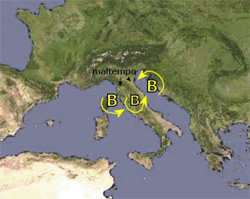 cartina cromatica che mostra gli spostamenti dell'area ciclonica sulle regioni centrali